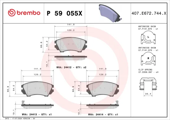 Bremsbelagsatz, Scheibenbremse Vorderachse BREMBO P 59 055X Bild Bremsbelagsatz, Scheibenbremse Vorderachse BREMBO P 59 055X