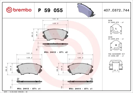 Bremsbelagsatz, Scheibenbremse Vorderachse BREMBO P 59 055 Bild Bremsbelagsatz, Scheibenbremse Vorderachse BREMBO P 59 055