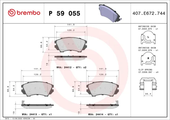 Bremsbelagsatz, Scheibenbremse Vorderachse BREMBO P 59 055 Bild Bremsbelagsatz, Scheibenbremse Vorderachse BREMBO P 59 055