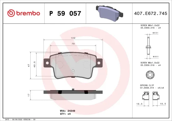 Bremsbelagsatz, Scheibenbremse Hinterachse BREMBO P 59 057 Bild Bremsbelagsatz, Scheibenbremse Hinterachse BREMBO P 59 057