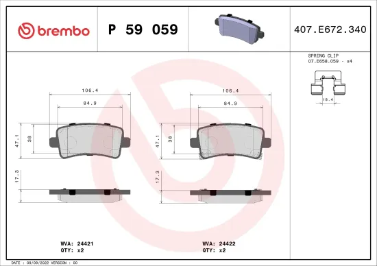 Bremsbelagsatz, Scheibenbremse Hinterachse BREMBO P 59 059 Bild Bremsbelagsatz, Scheibenbremse Hinterachse BREMBO P 59 059