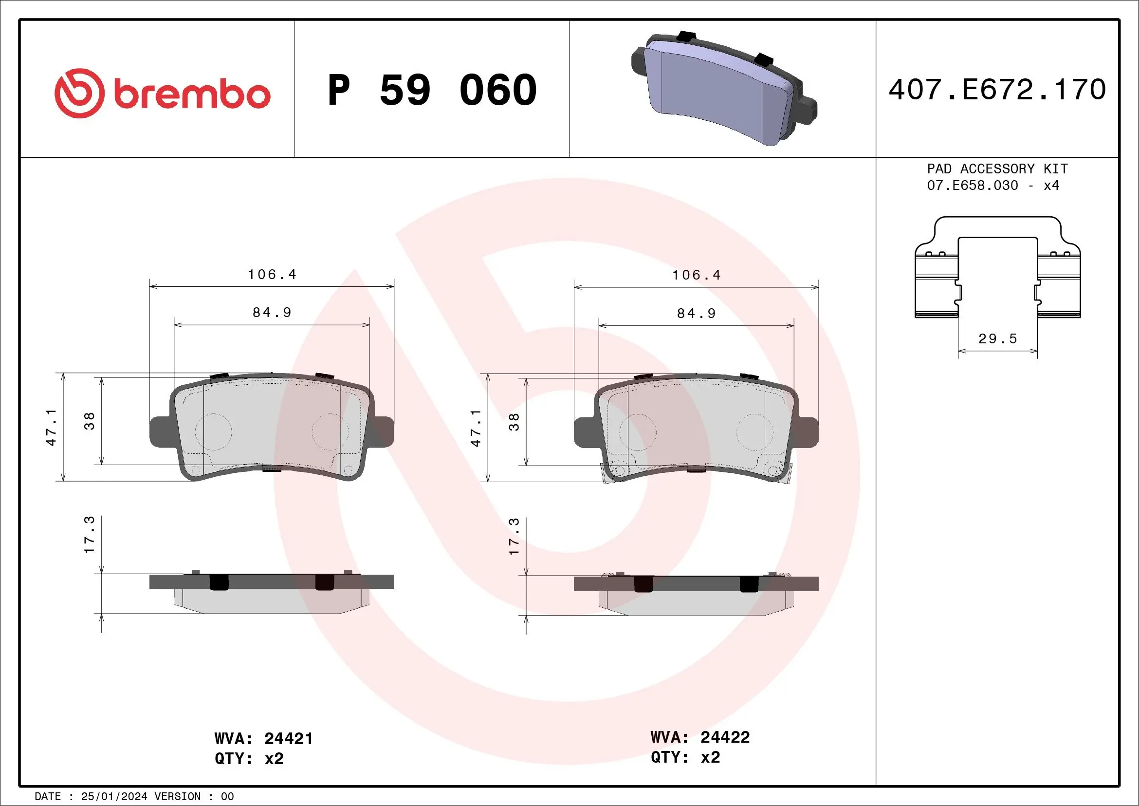 Bremsbelagsatz, Scheibenbremse Hinterachse BREMBO P 59 060