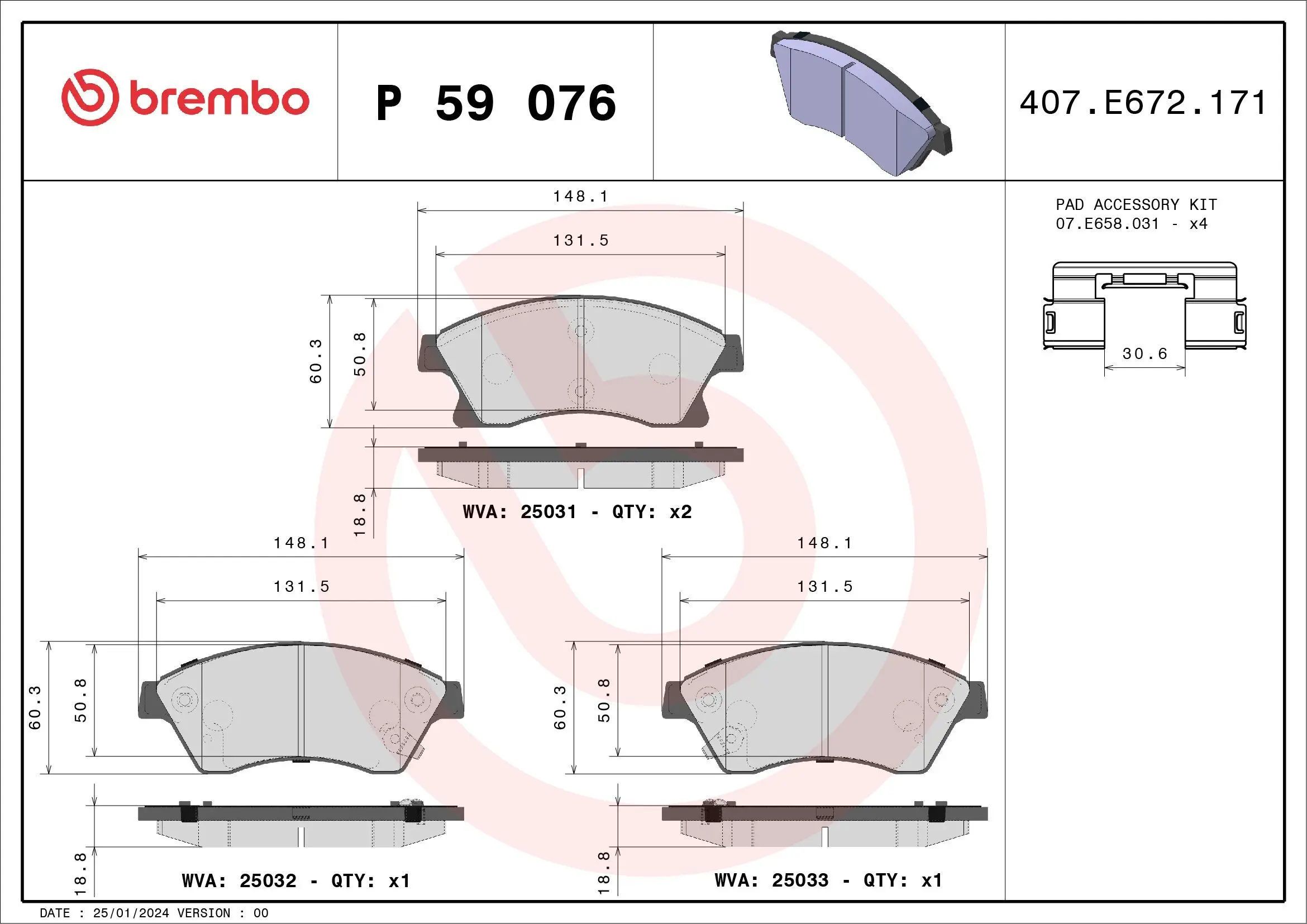 Bremsbelagsatz, Scheibenbremse Vorderachse BREMBO P 59 076