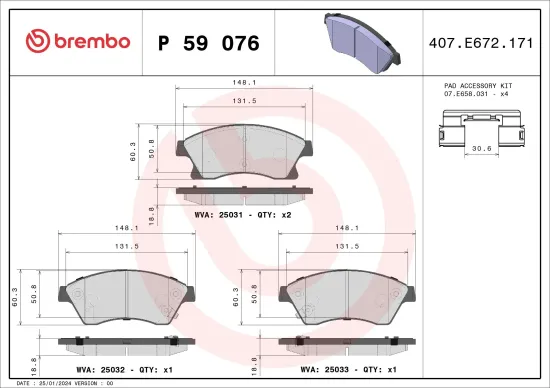 Bremsbelagsatz, Scheibenbremse Vorderachse BREMBO P 59 076 Bild Bremsbelagsatz, Scheibenbremse Vorderachse BREMBO P 59 076
