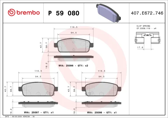 Bremsbelagsatz, Scheibenbremse Hinterachse BREMBO P 59 080 Bild Bremsbelagsatz, Scheibenbremse Hinterachse BREMBO P 59 080