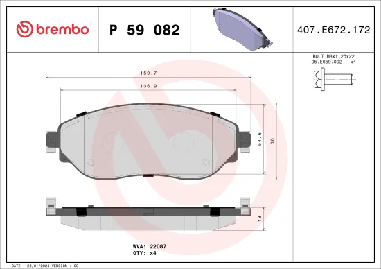Bremsbelagsatz, Scheibenbremse Vorderachse BREMBO P 59 082 Bild Bremsbelagsatz, Scheibenbremse Vorderachse BREMBO P 59 082