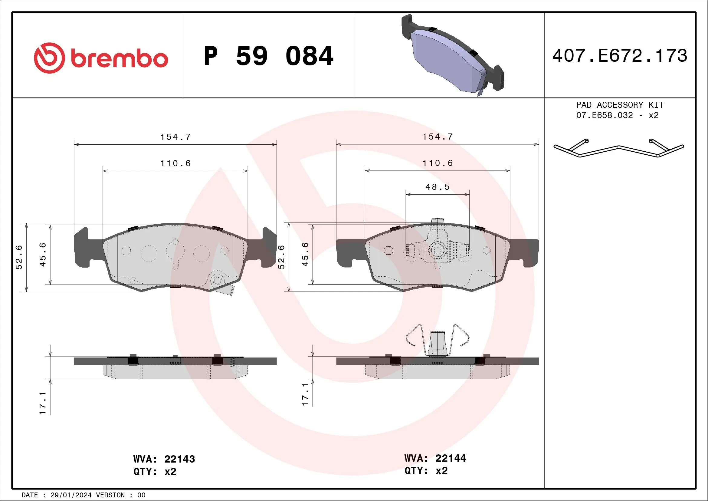 Bremsbelagsatz, Scheibenbremse Vorderachse BREMBO P 59 084