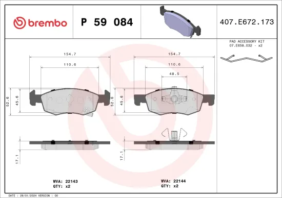 Bremsbelagsatz, Scheibenbremse Vorderachse BREMBO P 59 084 Bild Bremsbelagsatz, Scheibenbremse Vorderachse BREMBO P 59 084