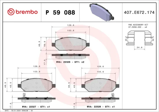 Bremsbelagsatz, Scheibenbremse BREMBO P 59 088 Bild Bremsbelagsatz, Scheibenbremse BREMBO P 59 088