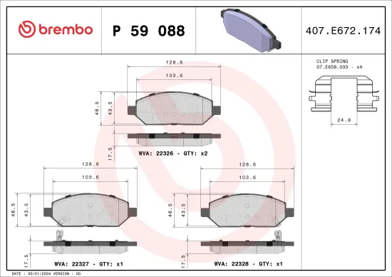 Bremsbelagsatz, Scheibenbremse Vorderachse BREMBO P 59 088 Bild Bremsbelagsatz, Scheibenbremse Vorderachse BREMBO P 59 088