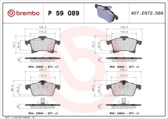 Bremsbelagsatz, Scheibenbremse Vorderachse BREMBO P 59 089 Bild Bremsbelagsatz, Scheibenbremse Vorderachse BREMBO P 59 089