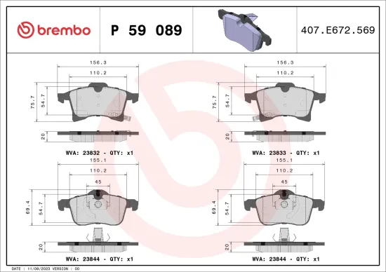 Bremsbelagsatz, Scheibenbremse Vorderachse BREMBO P 59 089 Bild Bremsbelagsatz, Scheibenbremse Vorderachse BREMBO P 59 089