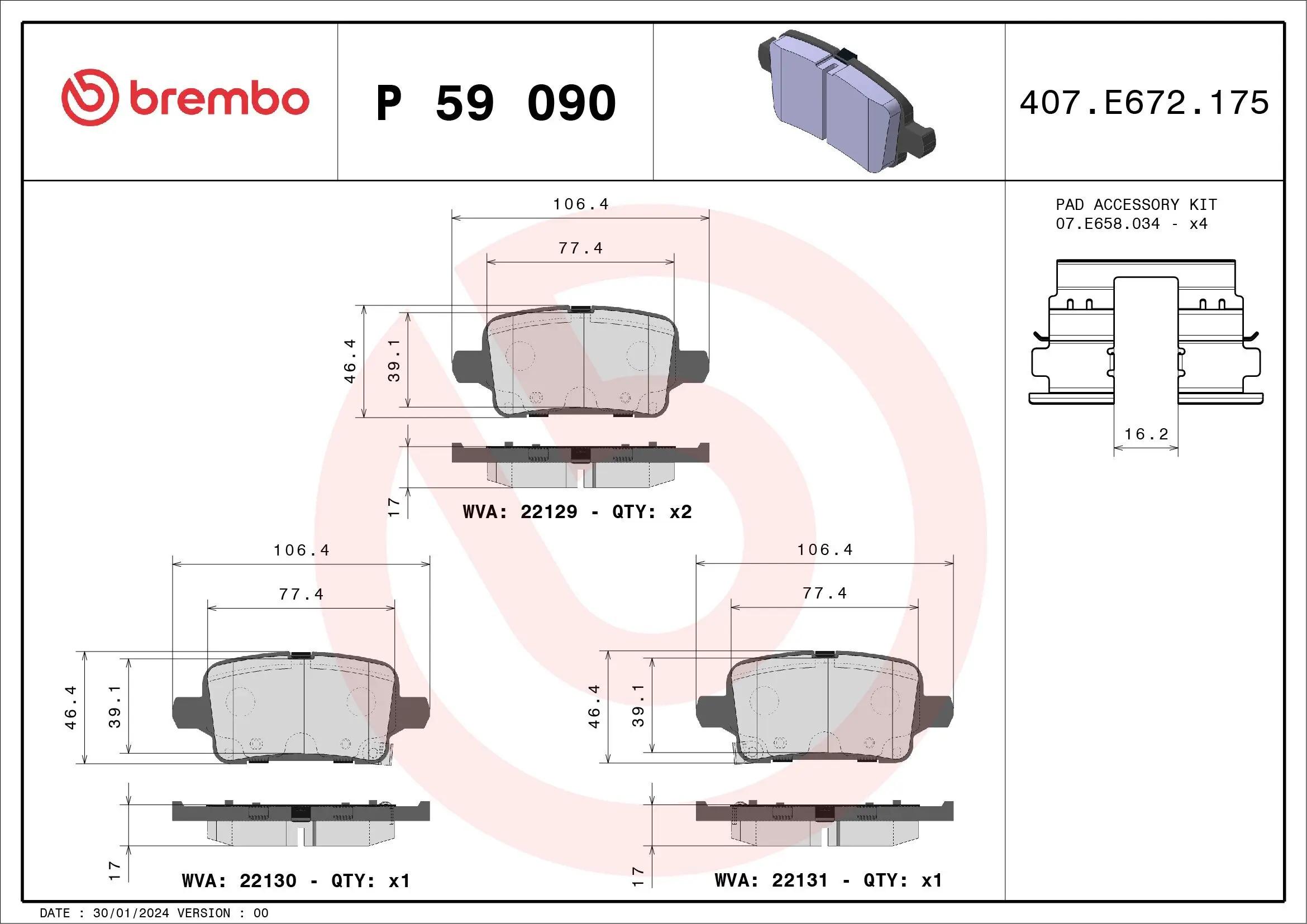 Bremsbelagsatz, Scheibenbremse Hinterachse BREMBO P 59 090
