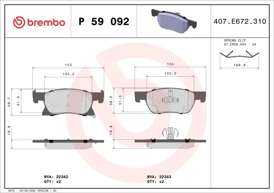 Bremsbelagsatz, Scheibenbremse Vorderachse BREMBO P 59 092 Bild Bremsbelagsatz, Scheibenbremse Vorderachse BREMBO P 59 092
