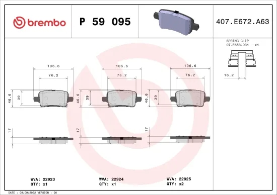 Bremsbelagsatz, Scheibenbremse Hinterachse BREMBO P 59 095 Bild Bremsbelagsatz, Scheibenbremse Hinterachse BREMBO P 59 095