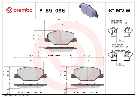 Bremsbelagsatz, Scheibenbremse Vorderachse BREMBO P 59 096 Bild Bremsbelagsatz, Scheibenbremse Vorderachse BREMBO P 59 096
