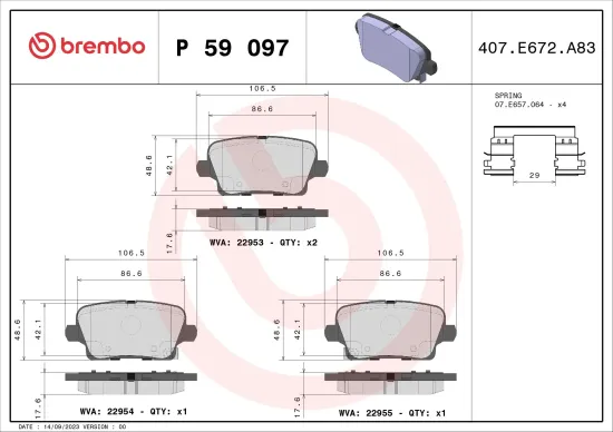Bremsbelagsatz, Scheibenbremse Hinterachse BREMBO P 59 097 Bild Bremsbelagsatz, Scheibenbremse Hinterachse BREMBO P 59 097