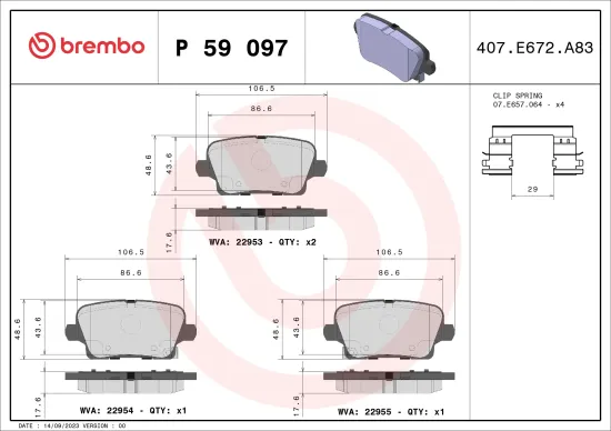 Bremsbelagsatz, Scheibenbremse Hinterachse BREMBO P 59 097 Bild Bremsbelagsatz, Scheibenbremse Hinterachse BREMBO P 59 097