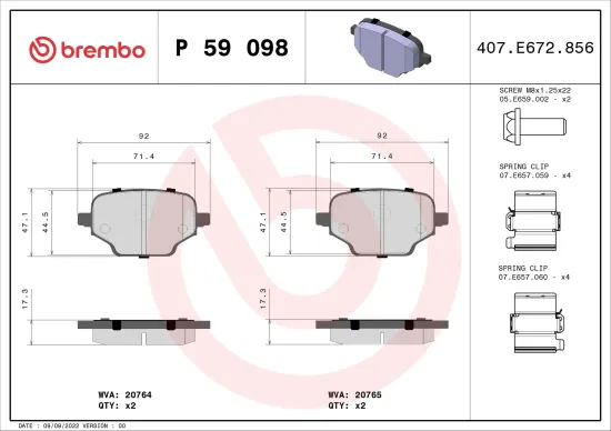 Bremsbelagsatz, Scheibenbremse Hinterachse BREMBO P 59 098 Bild Bremsbelagsatz, Scheibenbremse Hinterachse BREMBO P 59 098