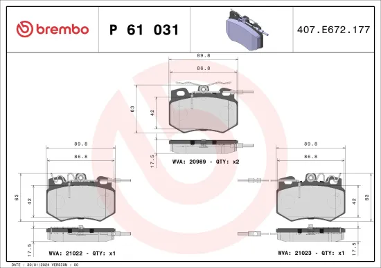 Bremsbelagsatz, Scheibenbremse BREMBO P 61 031 Bild Bremsbelagsatz, Scheibenbremse BREMBO P 61 031