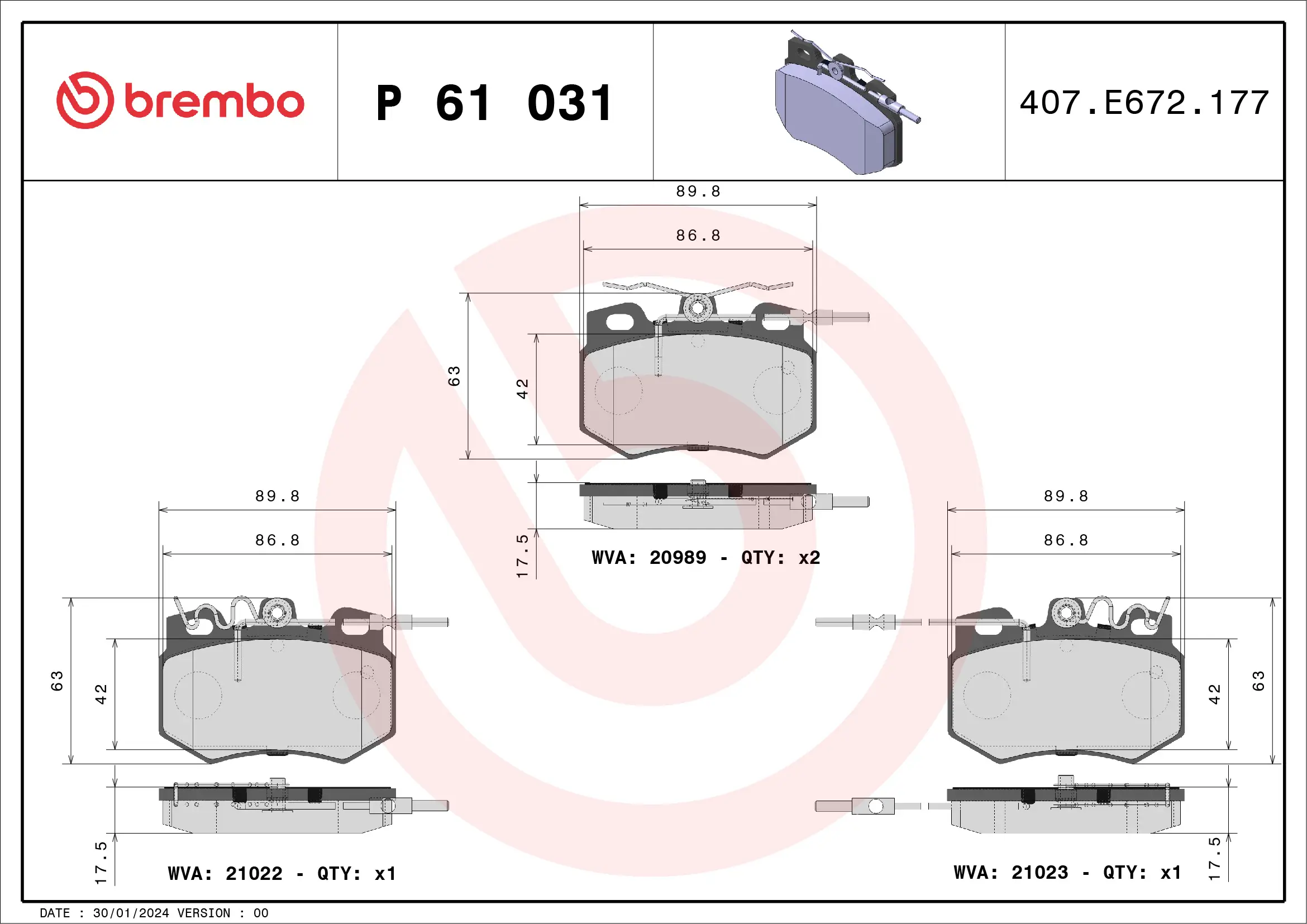 Bremsbelagsatz, Scheibenbremse Vorderachse BREMBO P 61 031
