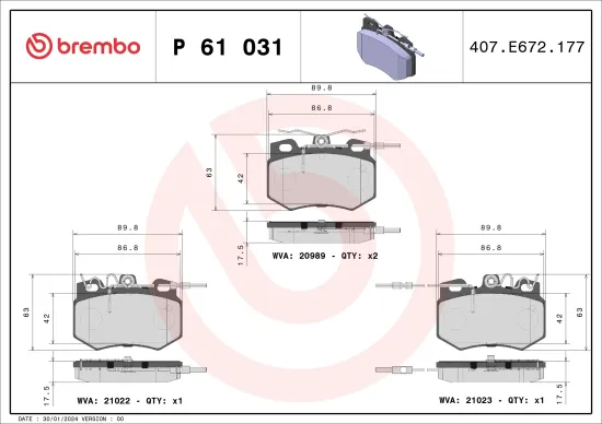 Bremsbelagsatz, Scheibenbremse Vorderachse BREMBO P 61 031 Bild Bremsbelagsatz, Scheibenbremse Vorderachse BREMBO P 61 031