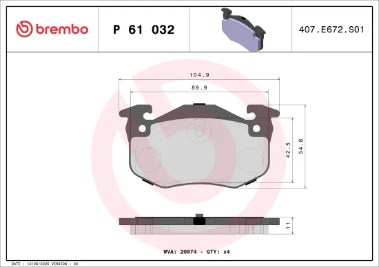 Bremsbelagsatz, Scheibenbremse Hinterachse BREMBO P 61 032 Bild Bremsbelagsatz, Scheibenbremse Hinterachse BREMBO P 61 032