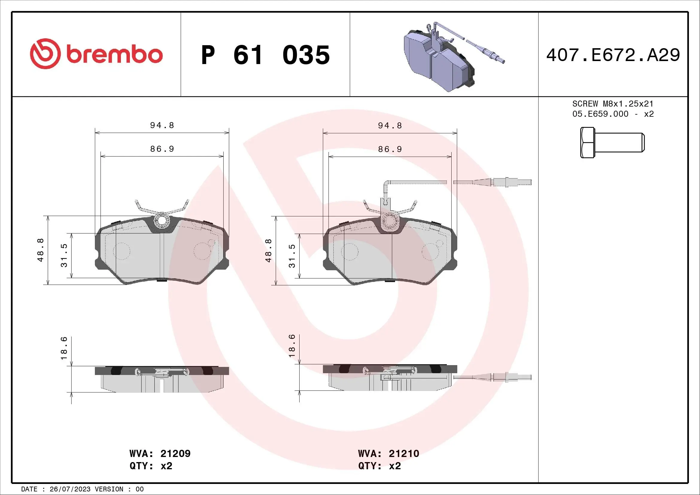 Bremsbelagsatz, Scheibenbremse Vorderachse BREMBO P 61 035