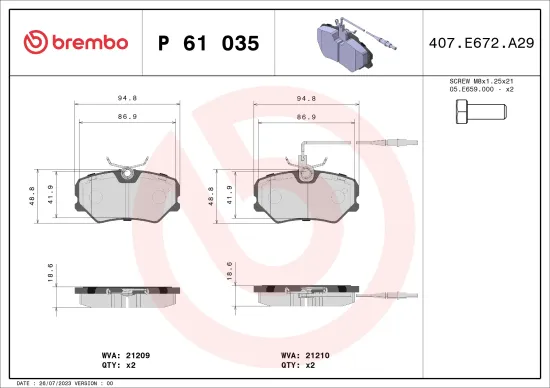 Bremsbelagsatz, Scheibenbremse Vorderachse BREMBO P 61 035 Bild Bremsbelagsatz, Scheibenbremse Vorderachse BREMBO P 61 035