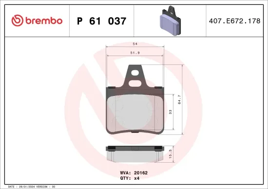 Bremsbelagsatz, Scheibenbremse Hinterachse BREMBO P 61 037 Bild Bremsbelagsatz, Scheibenbremse Hinterachse BREMBO P 61 037