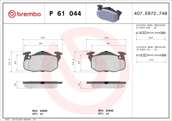 Bremsbelagsatz, Scheibenbremse Vorderachse BREMBO P 61 044 Bild Bremsbelagsatz, Scheibenbremse Vorderachse BREMBO P 61 044