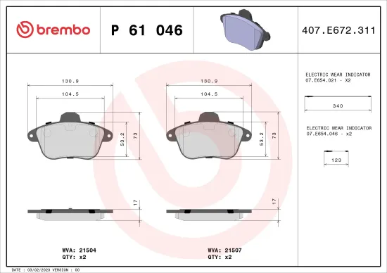 Bremsbelagsatz, Scheibenbremse BREMBO P 61 046 Bild Bremsbelagsatz, Scheibenbremse BREMBO P 61 046