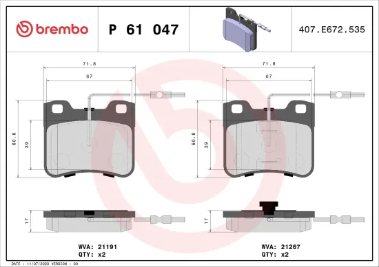 Bremsbelagsatz, Scheibenbremse Vorderachse BREMBO P 61 047 Bild Bremsbelagsatz, Scheibenbremse Vorderachse BREMBO P 61 047
