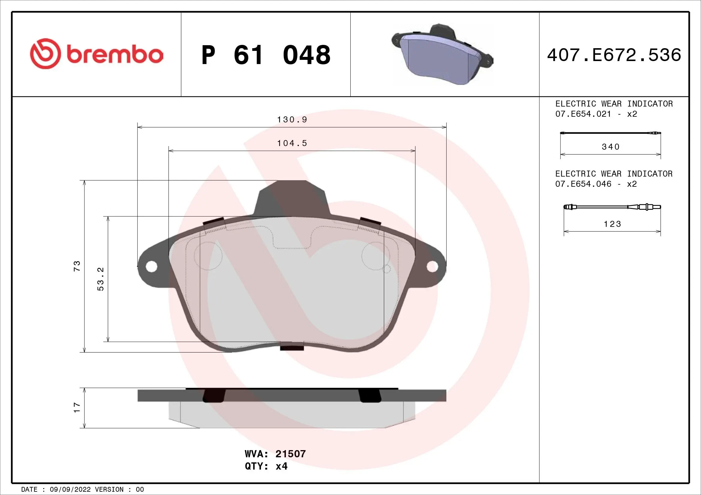 Bremsbelagsatz, Scheibenbremse Vorderachse BREMBO P 61 048