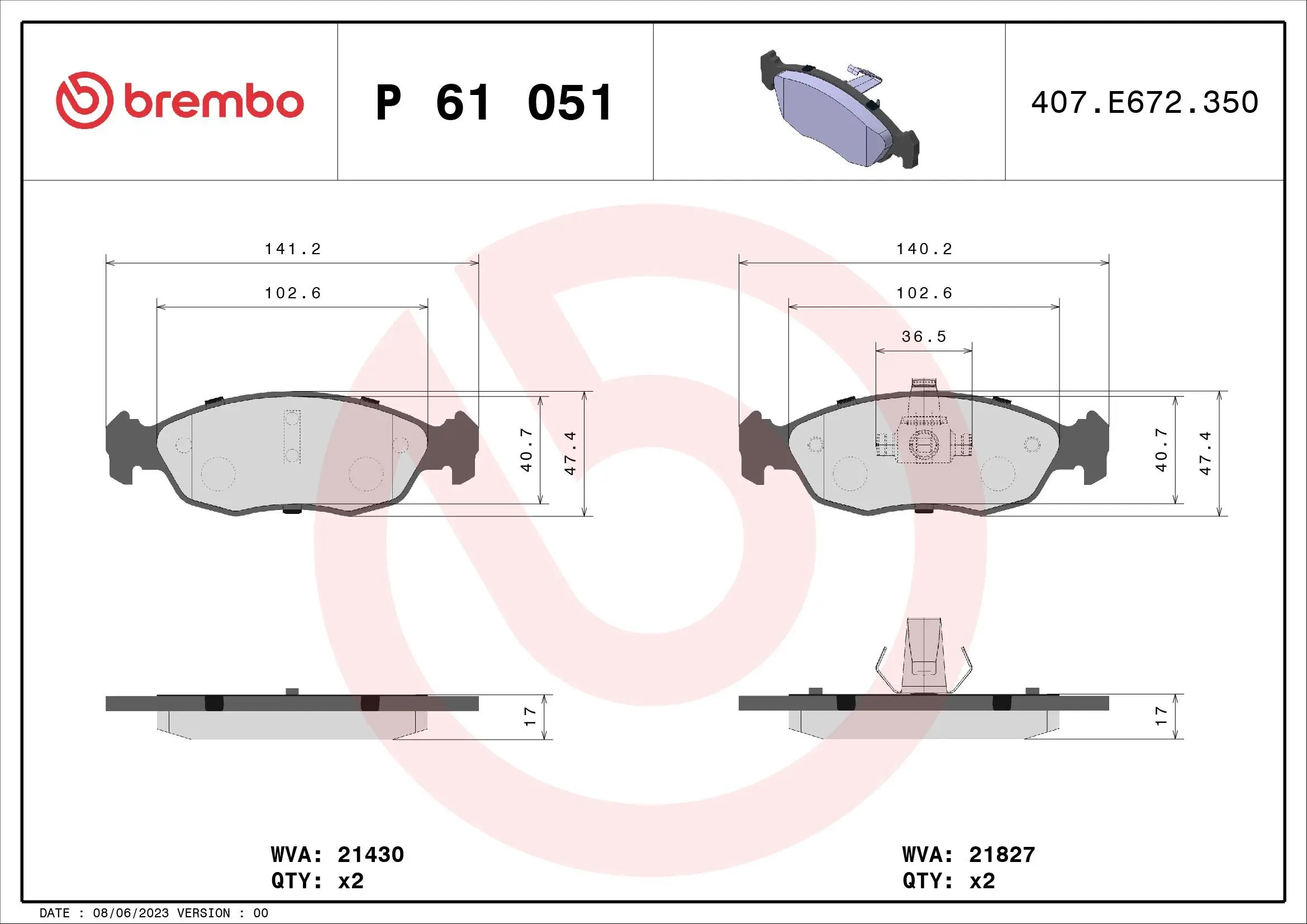 Bremsbelagsatz, Scheibenbremse Vorderachse BREMBO P 61 051