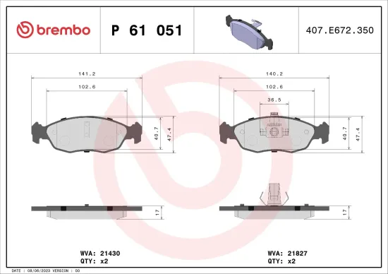 Bremsbelagsatz, Scheibenbremse Vorderachse BREMBO P 61 051 Bild Bremsbelagsatz, Scheibenbremse Vorderachse BREMBO P 61 051