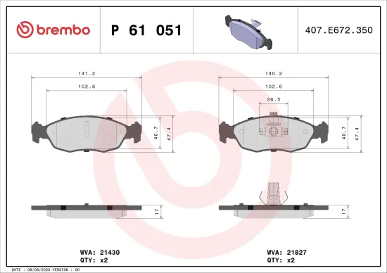 Bremsbelagsatz, Scheibenbremse Vorderachse BREMBO P 61 051 Bild Bremsbelagsatz, Scheibenbremse Vorderachse BREMBO P 61 051