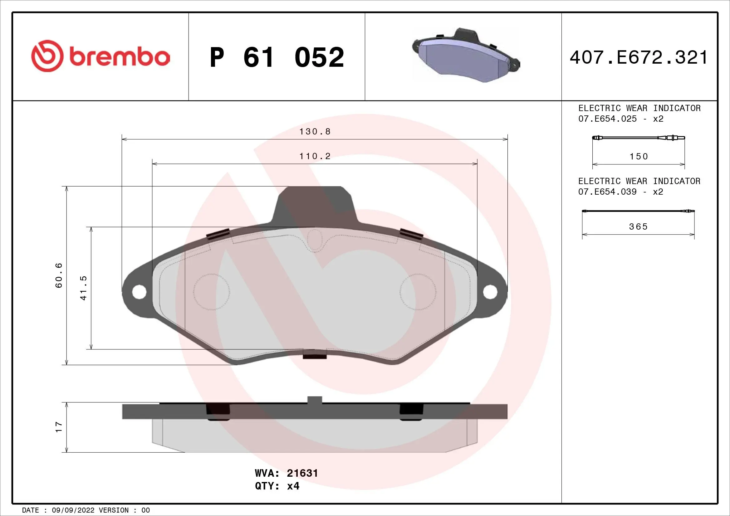 Bremsbelagsatz, Scheibenbremse Vorderachse BREMBO P 61 052
