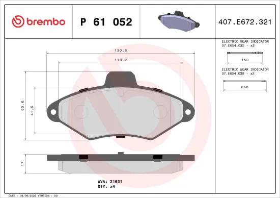 Bremsbelagsatz, Scheibenbremse Vorderachse BREMBO P 61 052 Bild Bremsbelagsatz, Scheibenbremse Vorderachse BREMBO P 61 052
