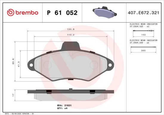 Bremsbelagsatz, Scheibenbremse Vorderachse BREMBO P 61 052 Bild Bremsbelagsatz, Scheibenbremse Vorderachse BREMBO P 61 052