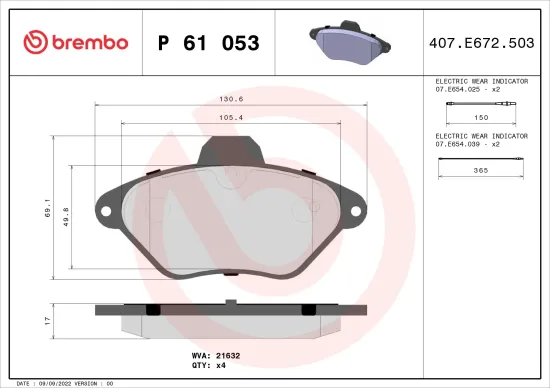 Bremsbelagsatz, Scheibenbremse Vorderachse BREMBO P 61 053 Bild Bremsbelagsatz, Scheibenbremse Vorderachse BREMBO P 61 053