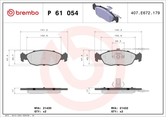 Bremsbelagsatz, Scheibenbremse Vorderachse BREMBO P 61 054 Bild Bremsbelagsatz, Scheibenbremse Vorderachse BREMBO P 61 054