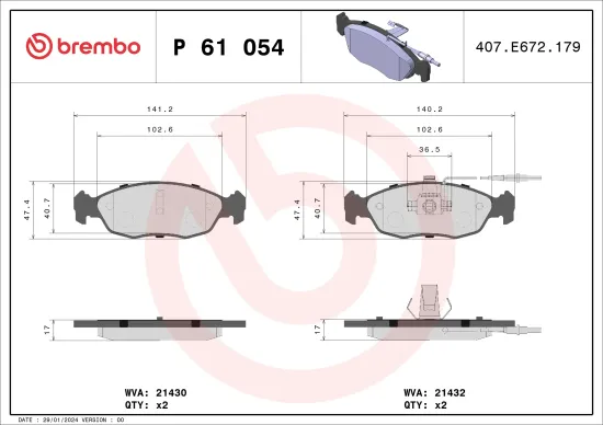 Bremsbelagsatz, Scheibenbremse Vorderachse BREMBO P 61 054 Bild Bremsbelagsatz, Scheibenbremse Vorderachse BREMBO P 61 054