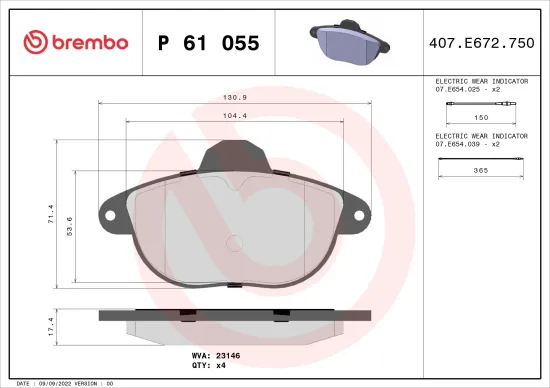 Bremsbelagsatz, Scheibenbremse Vorderachse BREMBO P 61 055 Bild Bremsbelagsatz, Scheibenbremse Vorderachse BREMBO P 61 055