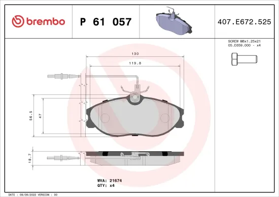 Bremsbelagsatz, Scheibenbremse Vorderachse BREMBO P 61 057 Bild Bremsbelagsatz, Scheibenbremse Vorderachse BREMBO P 61 057