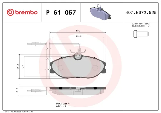 Bremsbelagsatz, Scheibenbremse Vorderachse BREMBO P 61 057 Bild Bremsbelagsatz, Scheibenbremse Vorderachse BREMBO P 61 057