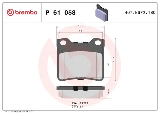 Bremsbelagsatz, Scheibenbremse Hinterachse BREMBO P 61 058 Bild Bremsbelagsatz, Scheibenbremse Hinterachse BREMBO P 61 058