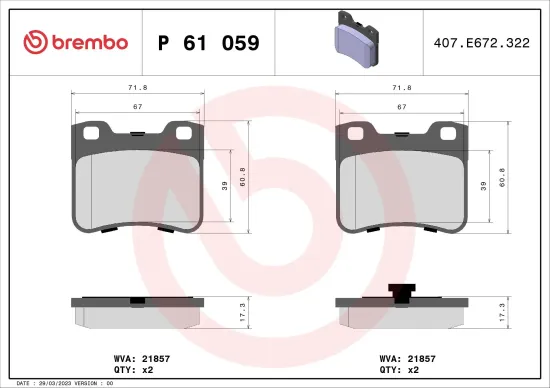 Bremsbelagsatz, Scheibenbremse Vorderachse BREMBO P 61 059 Bild Bremsbelagsatz, Scheibenbremse Vorderachse BREMBO P 61 059