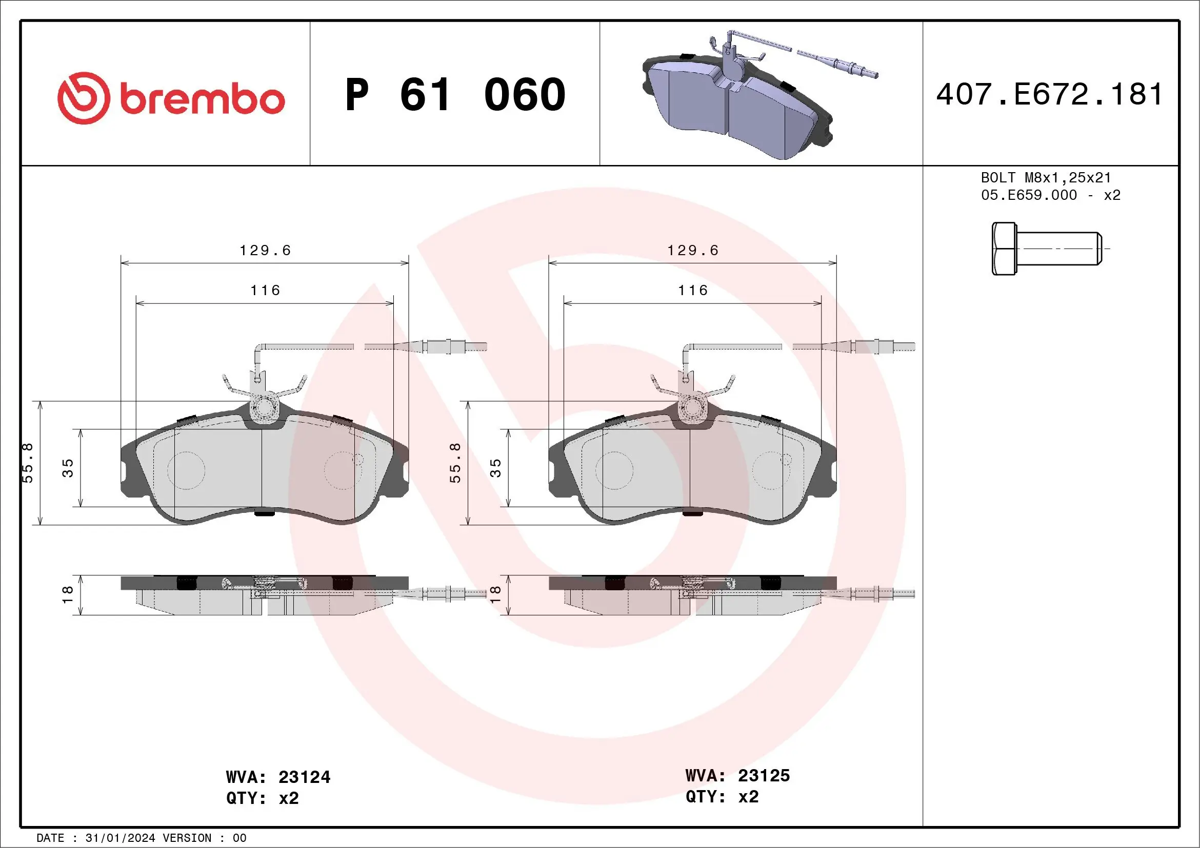 Bremsbelagsatz, Scheibenbremse BREMBO P 61 060