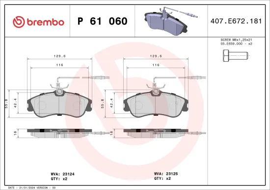 Bremsbelagsatz, Scheibenbremse BREMBO P 61 060 Bild Bremsbelagsatz, Scheibenbremse BREMBO P 61 060